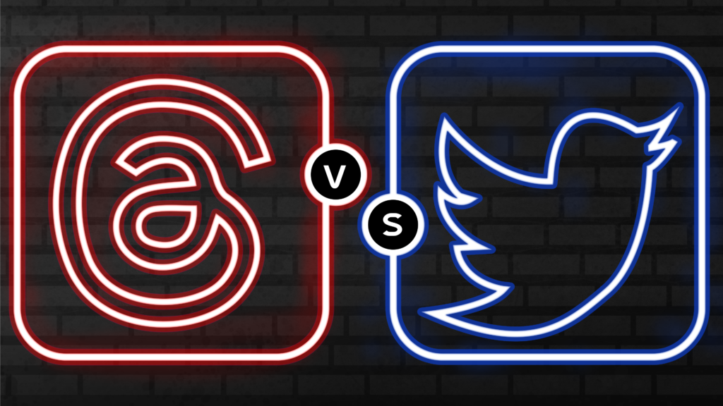 Threads vs Twitter Logo PNG neon light blue and red in wall