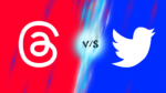 Threads vs twitter logo icon png in red and blue background