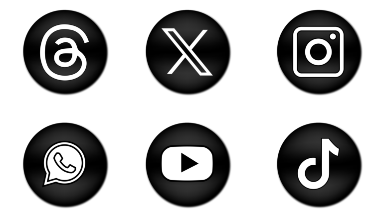 Black and white social media icon in black circle, youtube, instagram, twitter new x, threads